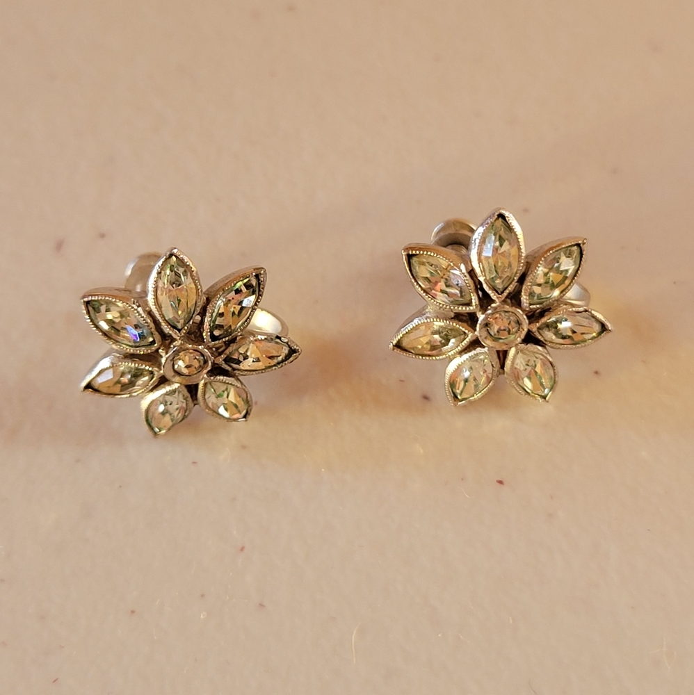 Vintage Rhinestone Crystal Flower Earrings Screwback